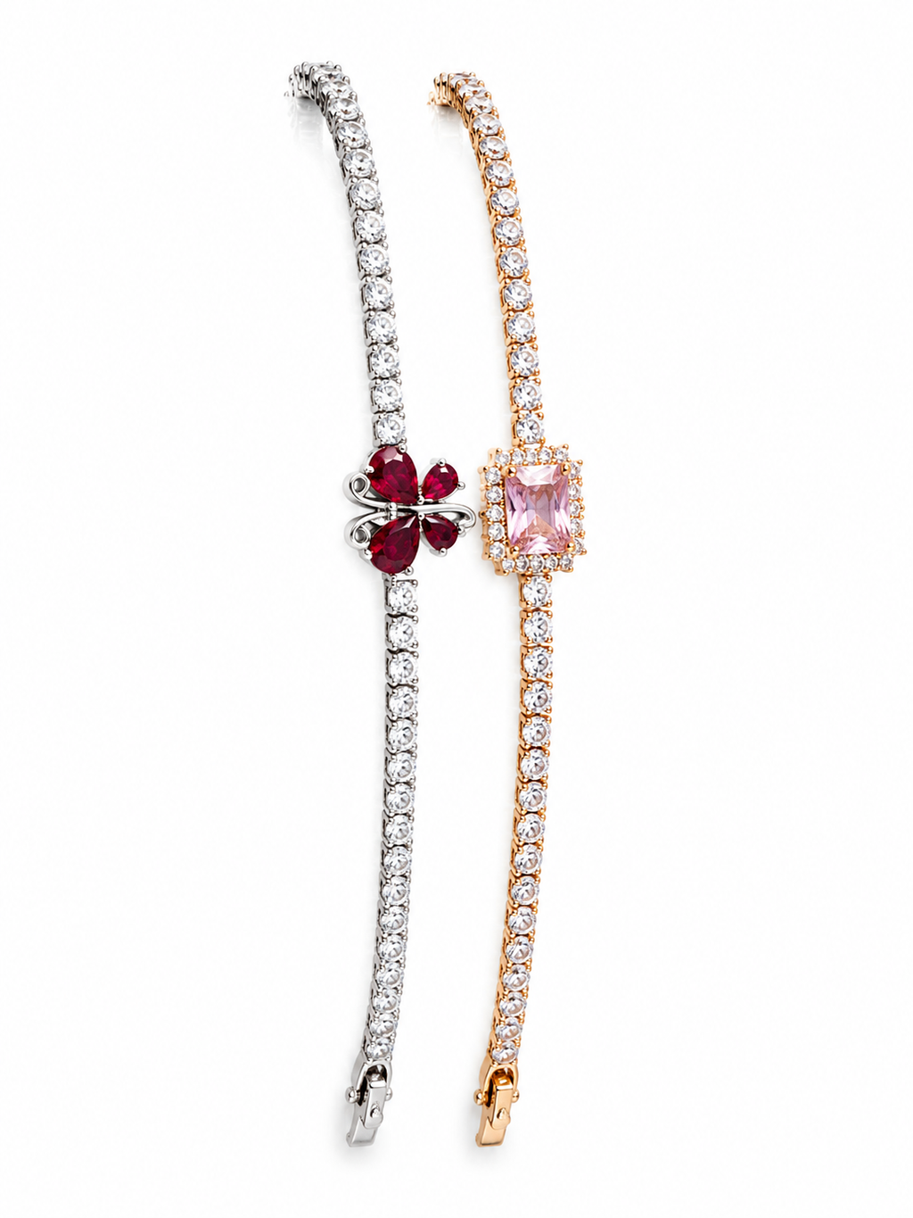 Silver and gold tennis bracelets with gemstones