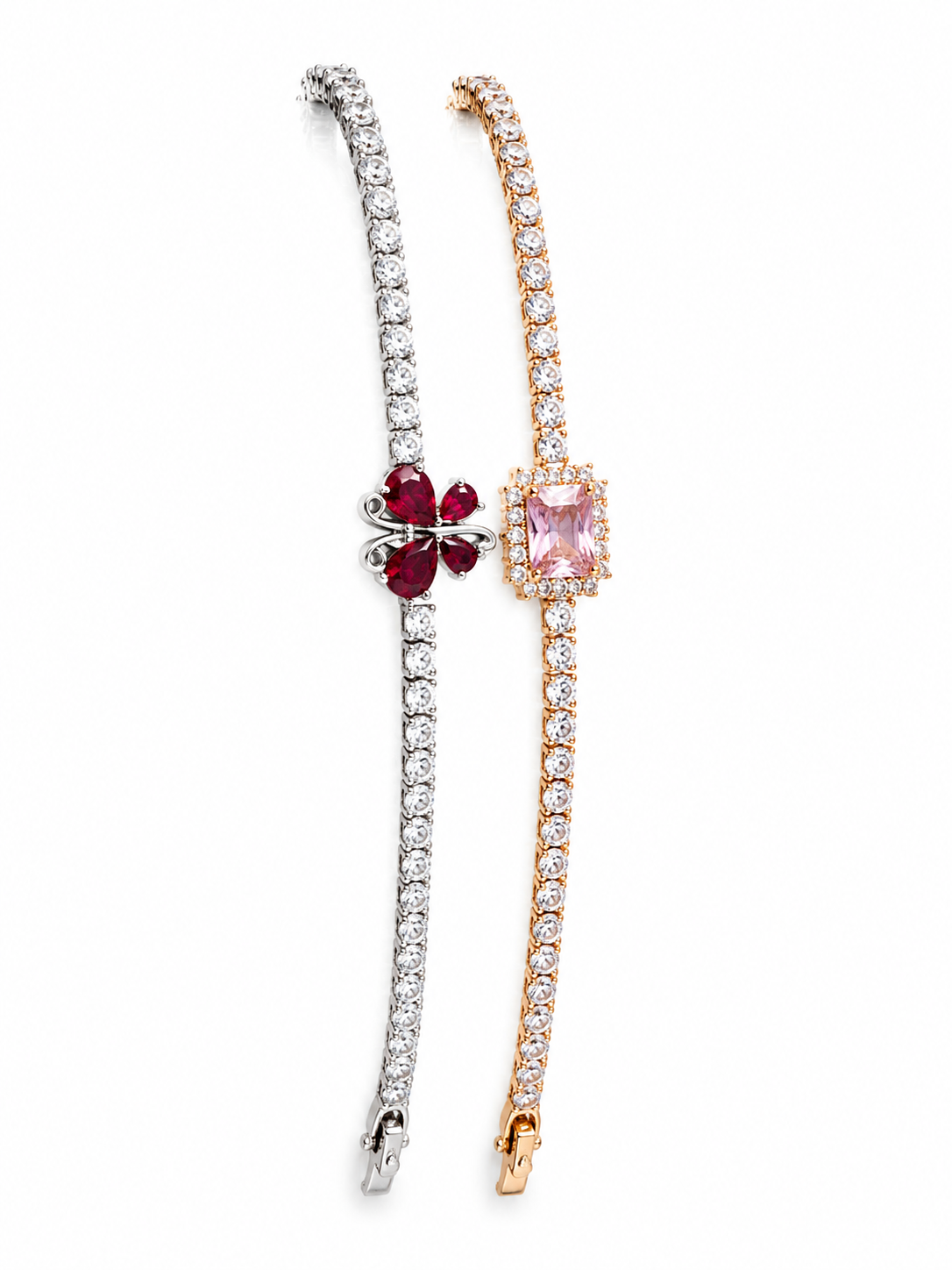 Silver and gold tennis bracelets with gemstones